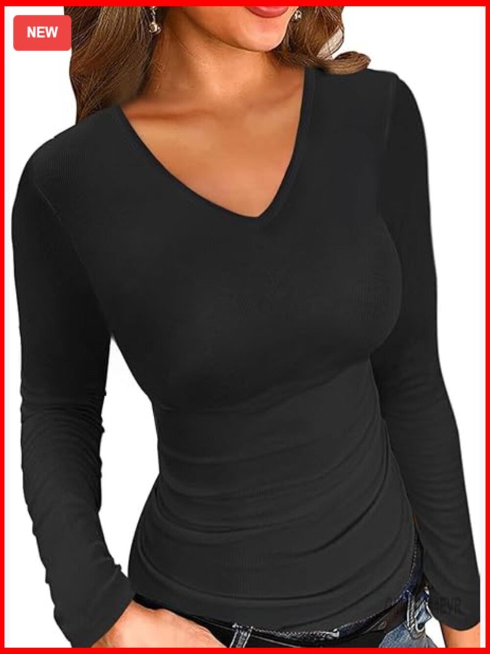 V-Neck Ribbed Slim Fit T-Shirt, Long Sleeve, Casual Stretch Knit Top